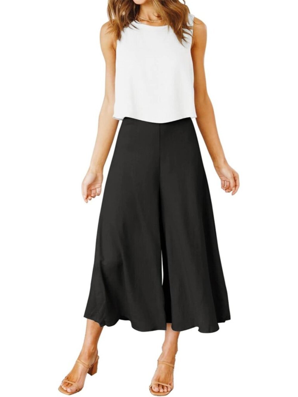 Women's Summer 2 Piece White Black Round Neck Crop Top Cropped Wide Leg Jumpsuit